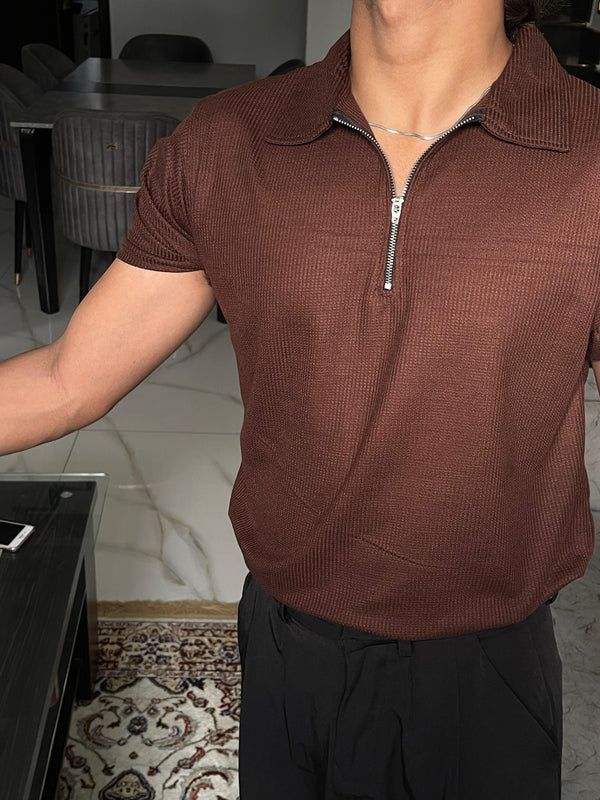 Mocha Textured Zip Polo